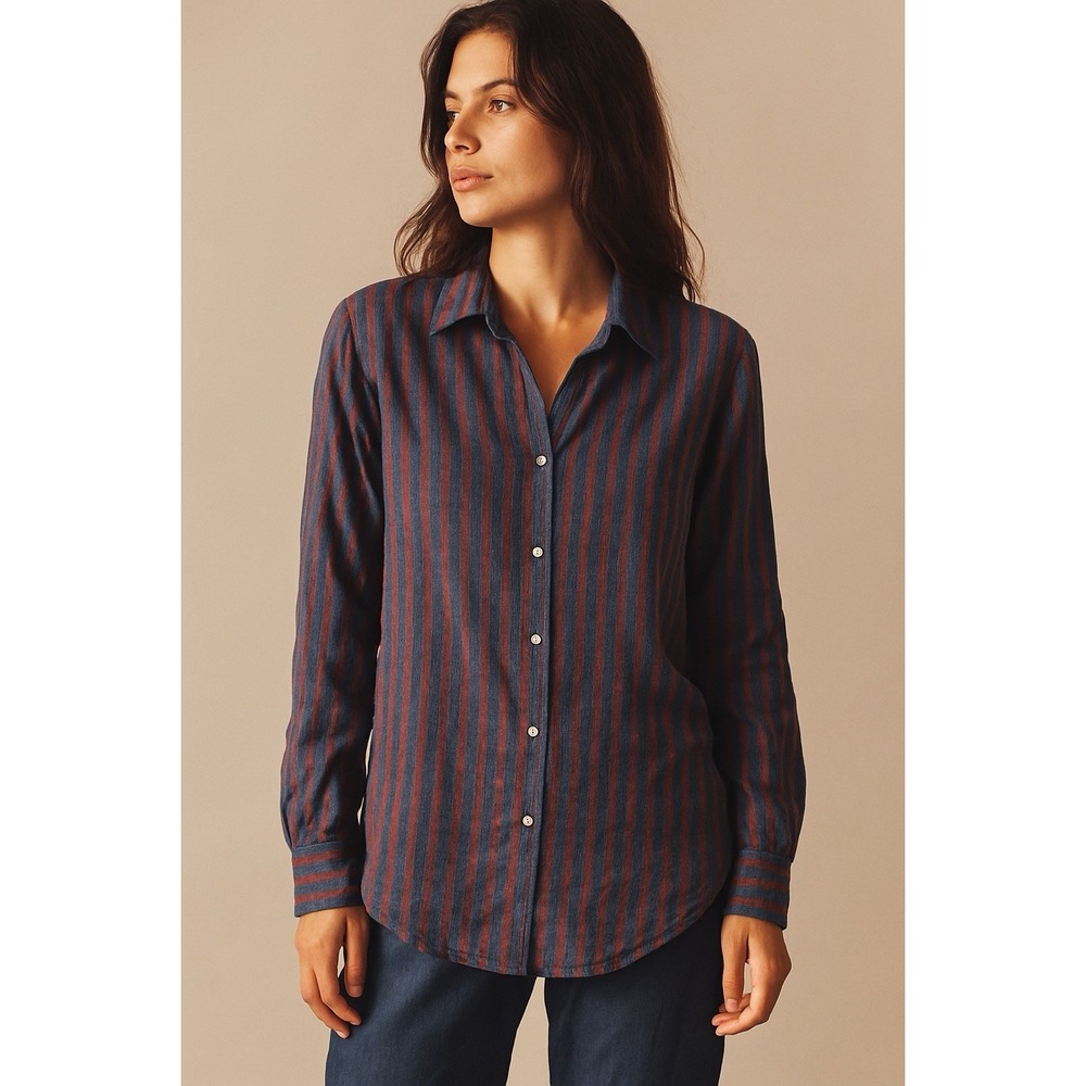 XiRENA Beau Shirt Womens S Blue Red Stripe Button Down Cotton Blend $210 USA
